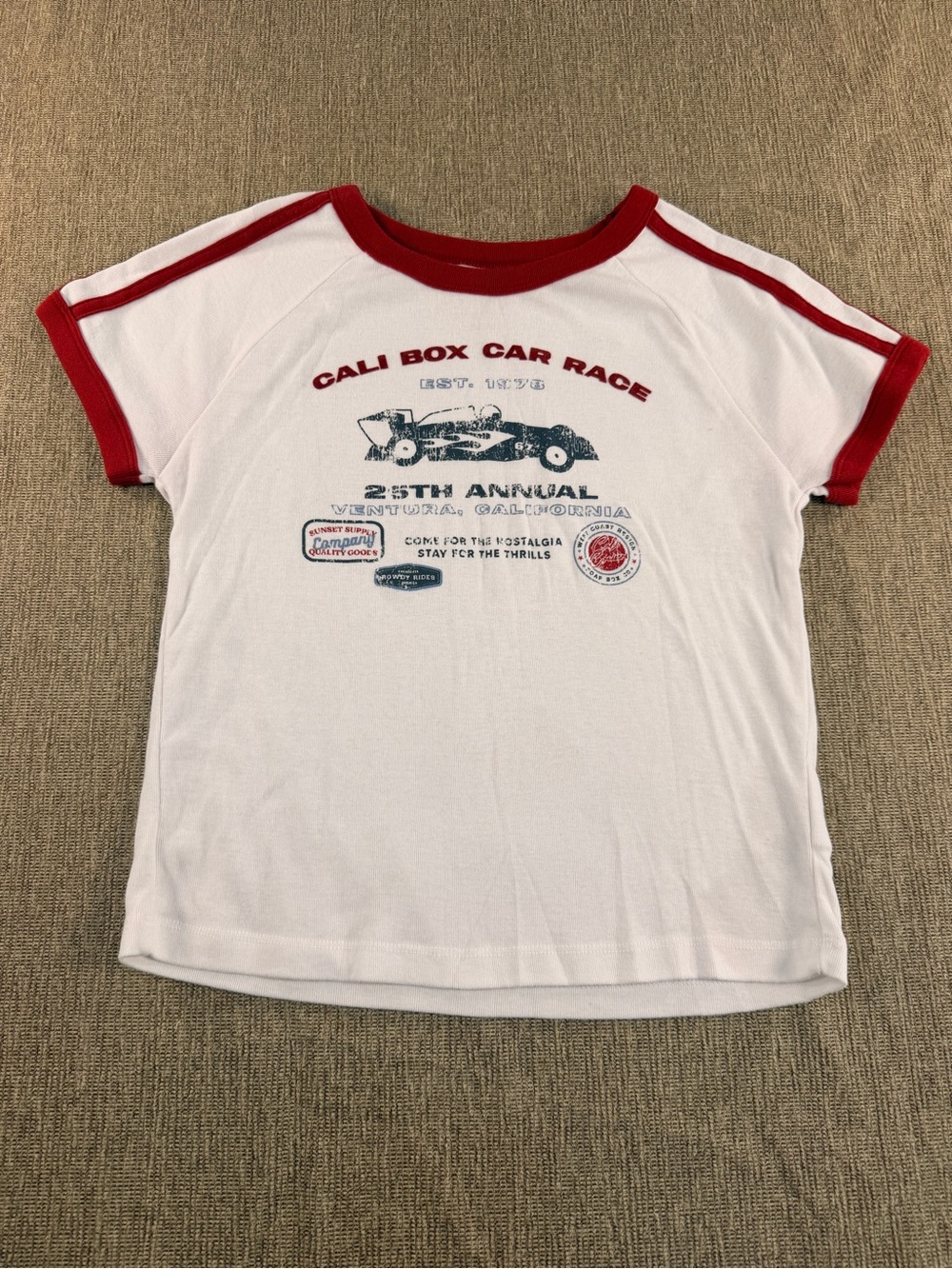 Arizona Jean Co Cali Box Car Race Ringer T-Shirt White Red Graphic Tee Medium